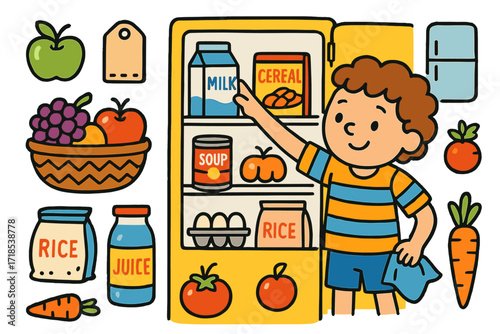 Children's Kitchen Doodles. Colorful Hand-drawn doodle Children illustration Putting food away cupboard door, fruit basket, cereal, milk, eggs, canned soup,