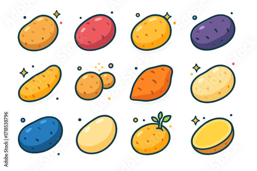 Colorful Potato Icons. Colorful isometric vector icons set of Potato types: russet potato, red potato, yellow potato, purple potato, fingerling potato, baby