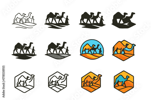 Desert Dunes Logos. Set Logo of Desert Dunes: Desert caravan. Logo set in vector style, emblematic variations. line, bold thick line, solid black filled, solid