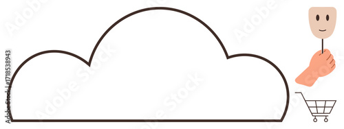 Cloud shape with a shopping cart symbolizing e-commerce alongside a hand holding a smiling mask representing online identity. Ideal for online shopping, digital security, cloud storage, identity