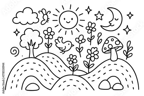 Surreal Dreamscape Doodle. Hand-drawn doodle illustration Surreal dreamscape hills [rolling hill, tree, flower, sun, moon, star, cloud, sparkle, butterfly,
