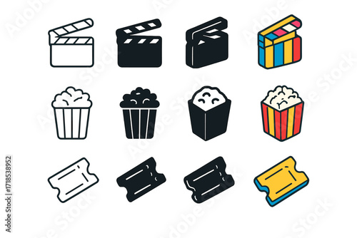 Movie Night Icons. Icon Set of Movie Night: Clapperboard, Popcorn, Film ticket. Icons set in vector style, emblematic variations. Clapperboard line,