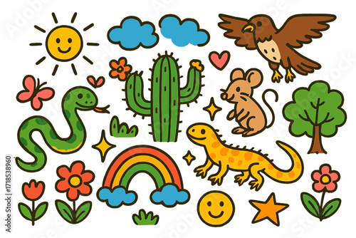 Desert Doodles Delight. Colorful Hand-drawn doodle Children illustration Desert Predators snake, lizard, hawk, mouse, cactus, sun, clouds, rainbow, flower,