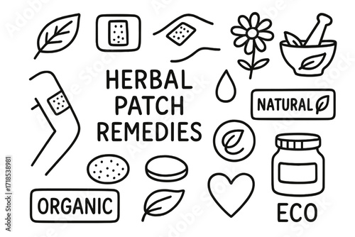 Herbal Remedy Icons. Hand-drawn doodle illustration [Herbal patch remedies] [leaf, herbal patch, skin area, droplet, flower, mortar and pestle, label, natural