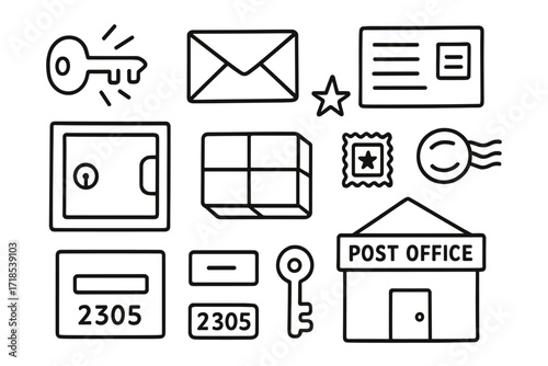 Post Office Doodle Icons. Hand-drawn doodle illustration Opening PO box door key turning, envelope, letter, package, lock, star, stamp, postmark, number plate,