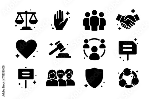 Symbolic Fairness Icons. Fairness. Solid icons set of balanced scale, open hand, group of people, handshake, heart, justice hammer, inclusive circle, equality