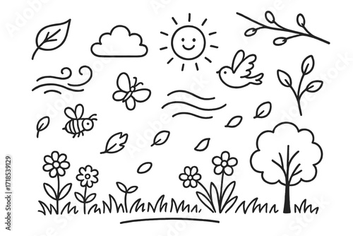Spring Breeze Doodles. Hand-drawn doodle illustration [Field in spring breeze] [leaf, breeze wave, flower, grass, sprout, butterfly, cloud, sun, bird, tree,