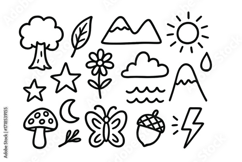 Nature Doodle Icons. Hand-drawn doodle illustration Flat + 3D hybrid style nature elements [tree, leaf, flower, mountain, sun, cloud, raindrop, star, moon,