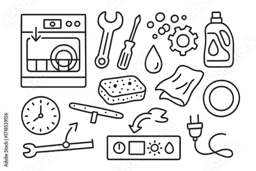 Dishwasher Maintenance Icons. Hand-drawn doodle illustration Dishwasher maintenance dishwasher door, wrench, screwdriver, gear, bubbles, water droplet,