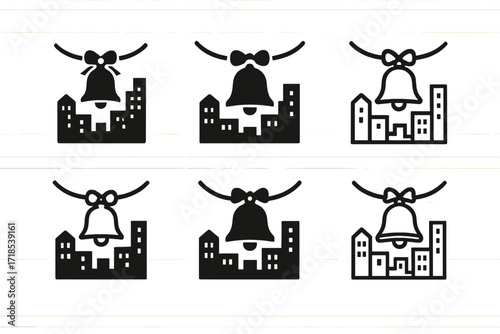 Holiday Logo Variations. Holiday spirit in a bustling city center. Set Logo of Holiday spirit in a bustling city center: bell decorations over