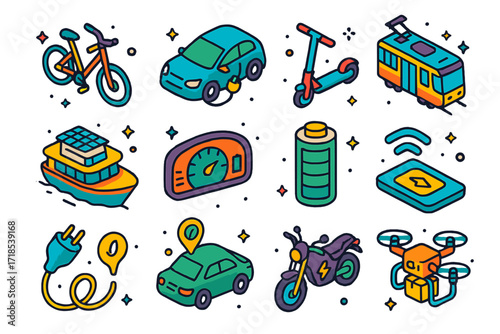 Electric Transport Icons. Colorful isometric vector icons set of electric transportation: electric bike, plug-in car, e-scooter, tram, solar-powered ferry, EV