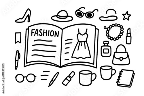 Fashion Doodle Icons. Hand-drawn doodle illustration Fashion magazine browsing [open magazine, dress sketch, shoe, hat, sunglasses, star, necklace, perfume