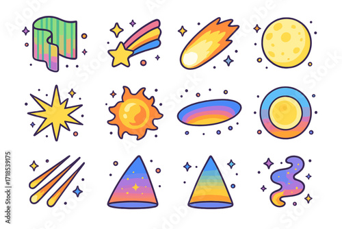 Colorful Sky Phenomena. Colorful isometric vector icons set of sky phenomena with aurora: aurora curtain, shooting star, comet, full moon, starburst, solar
