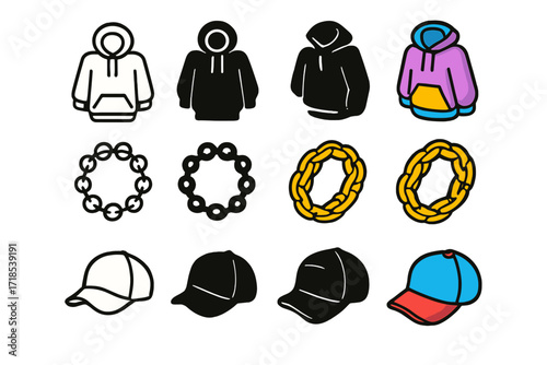 Hip-Hop Fashion Icons. Icon Set of Hip-Hop Fashion: Oversized hoodie, Gold chain, Cap. Icons set in vector style, emblematic variations. Oversized hoodie line,