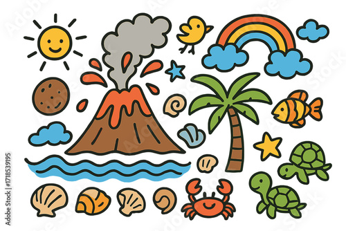 Colorful Volcanic Island Doodle. Colorful Hand-drawn doodle Children illustration volcanic island volcano, smoke, lava, palm tree, bird, fish, crab, seashell,