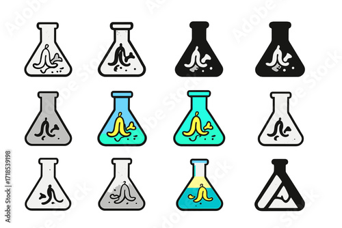 Flask Logo Grid. Food waste repurposing for animal feedSet Logo of Flasks: Classic laboratory Erlenmeyer flask. Logo set in vector style, emblematic