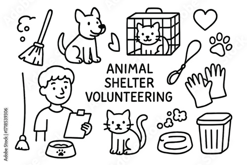 Animal Shelter Icons. Hand-drawn doodle illustration [animal shelter volunteering] [dog, cat, pet cage, broom, food bowl, young person, clipboard, trash bin,