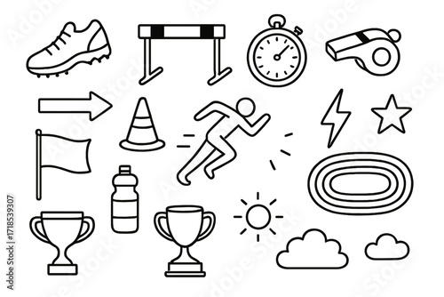 Track and Field Icons. Hand-drawn doodle illustration track and field running shoe, hurdle, stopwatch, whistle, arrow, flag, cone, track, lightning bolt,