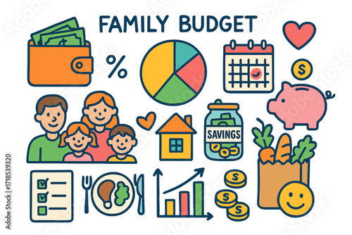 Family Budget Icons. Colorful Hand-drawn doodle Children illustration Family Budget Planning pie chart, wallet, family, calendar, piggy bank, home, checklist,