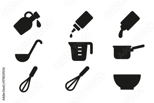 Kitchen Iconography Set. Solid, filled icon set of pour kitchen and cooking: pouring oil, pouring sauce, pouring syrup, ladle, measuring cup, saucepan, whisk,