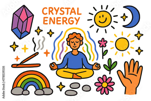 Vibrant Meditation Doodle. Colorful Hand-drawn doodle Children illustration Crystal Energy Ritual energy crystal, person meditating, aura lines, incense,