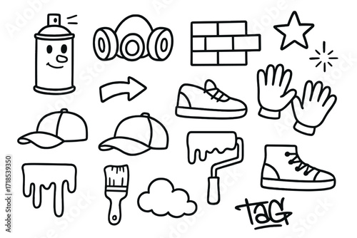 Street Art Essentials. Hand-drawn doodle illustration Street artist spray can, mask, wall, brick, star, spark, arrow, cap, gloves, paint drip, roller, brush,