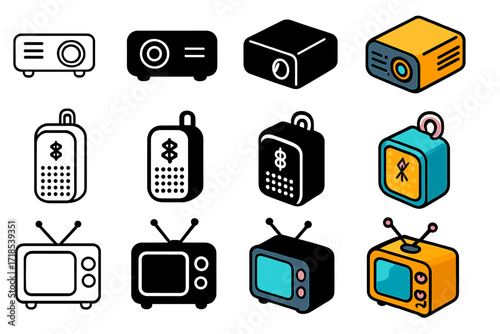 Portable Devices Icon Set. Icon Set of Portable Entertainment Devices: Mini projector, Bluetooth speaker, Portable TV. Icons set in vector style, emblematic