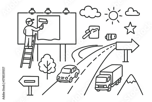 Highway Doodle Icons. Hand-drawn doodle illustration highway billboard billboard, highway road, car, truck, sun, cloud, tree, ladder, worker, paint roller,