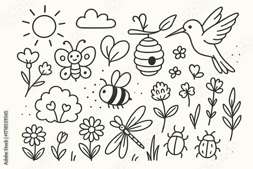 Pollinators in Meadow. Hand-drawn doodle illustration [Pollinators in the meadow] [bee, butterfly, hummingbird, flower, grass, leaf, sun, pollen, hive, beetle,