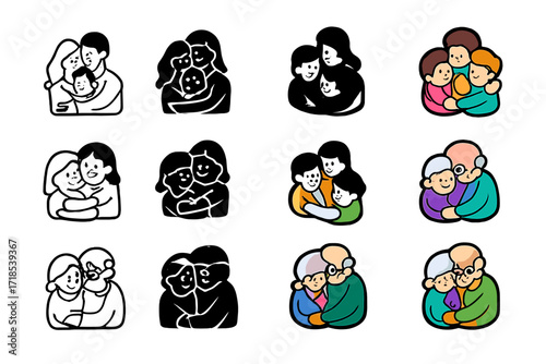 Colorful Family Icon Set. Icon Set of Family celebration: family hug, children group hug, grandparents embrace. Icons set in vector style, emblematic
