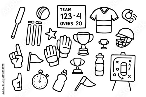 Cricket Icons Doodle. Hand-drawn doodle illustration cricket team activity cricket bat, ball, stumps, gloves, helmet, jersey, scoreboard, whistle, trophy,