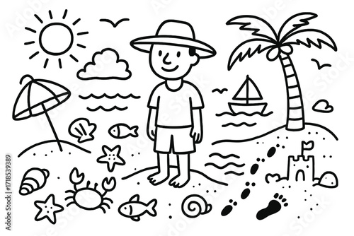 Beach Doodle Icons. Hand-drawn doodle illustration Man at the beach man with hat, waves, seashell, crab, starfish, fish, boat, sun, cloud, palm tree, bird,