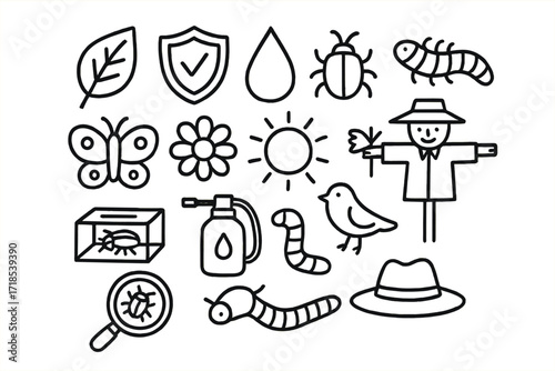Eco-Friendly Pest Icons. Hand-drawn doodle illustration eco-friendly pest management leaf, shield, droplet, beetle, caterpillar, butterfly, flower, sun,