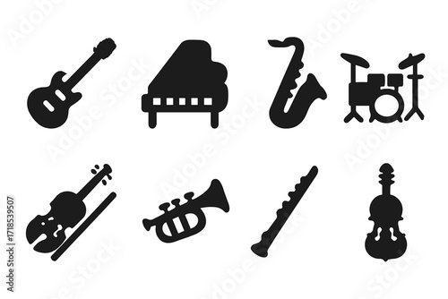 Solo Instrument Icons. Solid, filled icon set of solo instruments: electric guitar, grand piano, saxophone, drum kit, violin, trumpet, flute, cello. Solid,