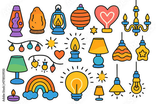 Bright Lamp Doodles. Colorful Hand-drawn doodle Children illustration Decorative lamps [lava lamp, salt lamp, lantern, paper lamp, neon lamp, table lamp,