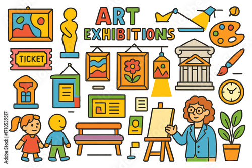 Museum Art Doodle. Colorful Hand-drawn doodle Children illustration Art Exhibitions in Museums framed paintings, sculpture, gallery wall, museum ticket,