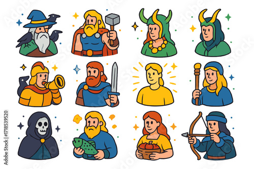 Norse Gods Icon Set. Colorful isometric vector icons set of Norse gods and figures: Odin with ravens, Thor with hammer, Freya with necklace, Loki with horns,