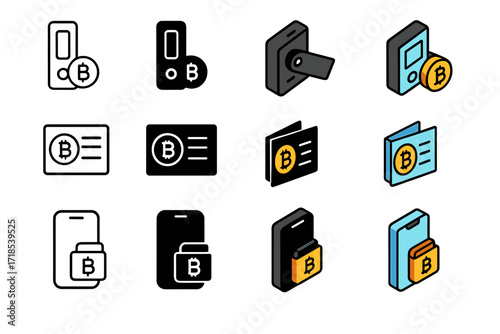 Crypto Wallet Icon Set. Icon Set of Crypto Wallets: Hardware wallet, Paper wallet, Mobile app wallet. Icons set in vector style, emblematic variations.