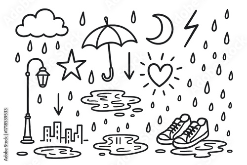 Neon Dreams Doodles. Hand-drawn doodle illustration Neon reflections puddles, raindrops, glowing heart, neon star, moon, umbrella, sneakers, water lines, city