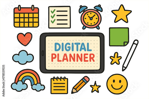 Colorful Digital Planner Icons. Digital Planner. Colorful Hand-drawn doodle Children illustration Digital Planner tablet, stylus, calendar, checklist, sticky