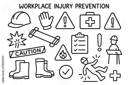 Workplace Safety Icons. Hand-drawn doodle illustration [Workplace injury prevention] [helmet, glove, warning sign, stretcher, emergency kit, clipboard, pain