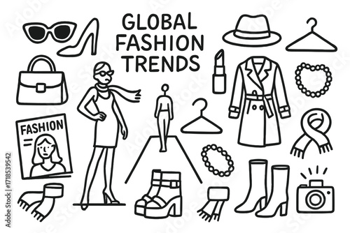 Global Fashion Doodles. Hand-drawn doodle illustration Global Fashion Trends runway, sunglasses, high heels, handbag, trench coat, fedora hat,