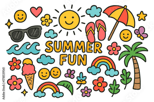 Summer Doodle Fun. Colorful Hand-drawn doodle Children illustration Summer Fun with Sunglasses sunglasses, beach umbrella, flip flops, waves, sun, cloud, star,
