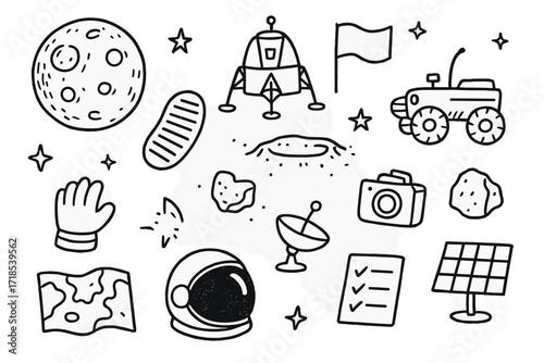 Lunar Exploration Icons. Hand-drawn doodle illustration [Lunar exploration] [moon, lunar lander, astronaut boot print, crater, rover, flag, stars, camera, rock