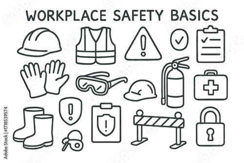 Workplace Safety Doodles. Hand-drawn doodle illustration [workplace safety basics] [hard hat, safety vest, caution sign, checklist, gloves, goggles, fire