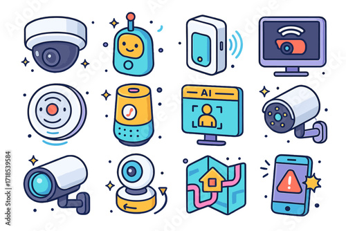 Smart Home Icons. Colorful isometric vector icons set of Indoor smart surveillance: ceiling dome camera, smart baby monitor, indoor motion tracker, live feed