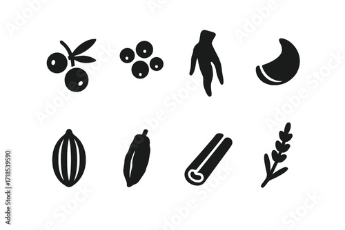 Gin Botanicals Icons Grid. Solid, filled icon set of gin botanicals: juniper berries, coriander seed, angelica root, citrus peel, cardamom, orris root,
