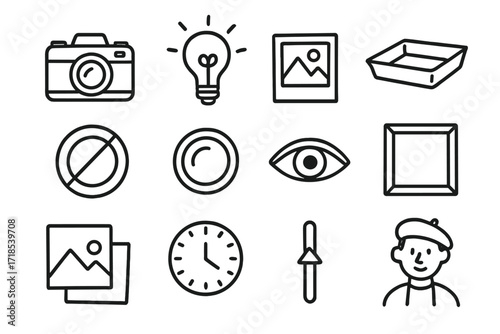 Photography Icons Doodle. Hand-drawn doodle illustration black and white photography camera, grayscale icon, lightbulb, photo paper, darkroom tray, filter