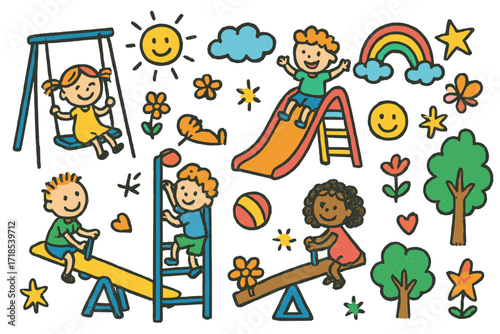 Playful Playground Doodles. Colorful Hand-drawn doodle Children illustration Playground Movement [swing, slide, seesaw, ball, child climbing, heart, star,