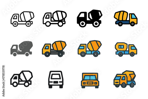 Concrete Mixer Logo Set. Set Logo of Commercial Construction: Concrete Mixer Truck. Logo set in vector style, emblematic variations. line, bold thick line,